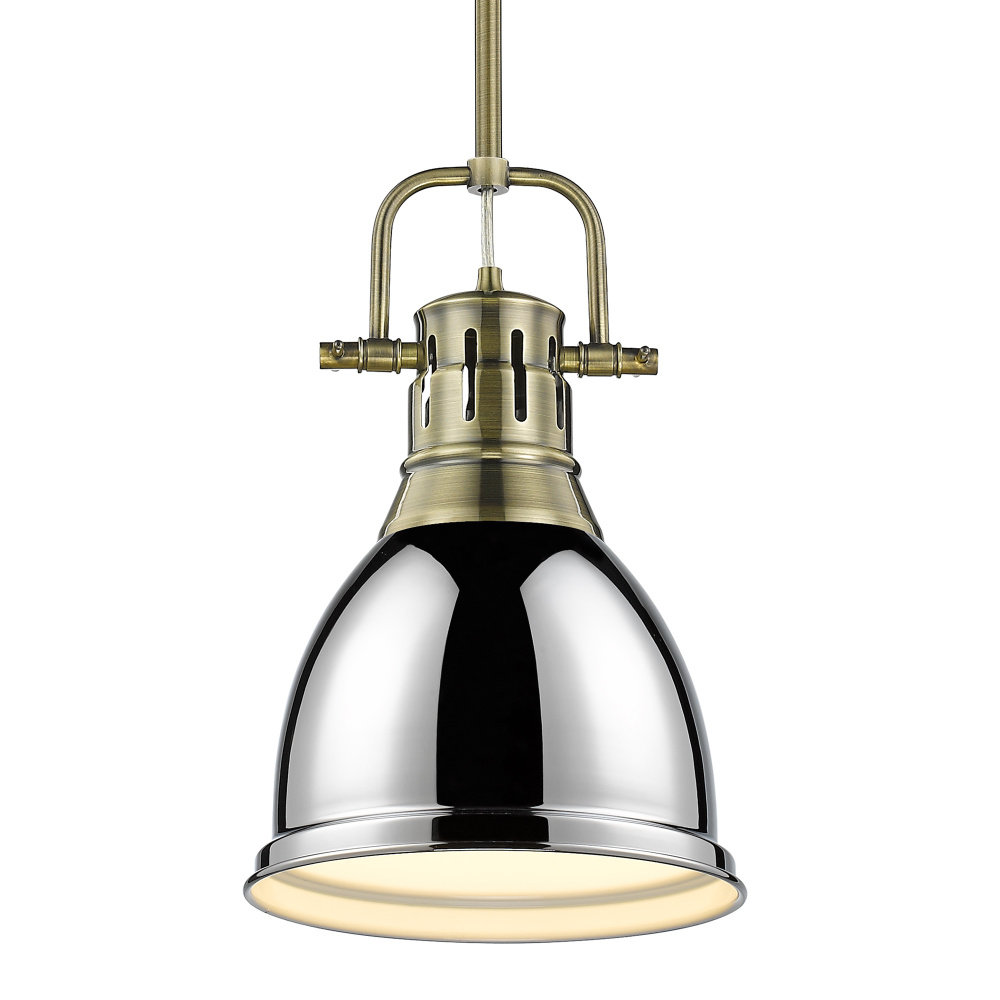 Yep by Golden Lighting Duncan 1-light 9in Rod Hung Pendant in Aged Brass and Chrome shade